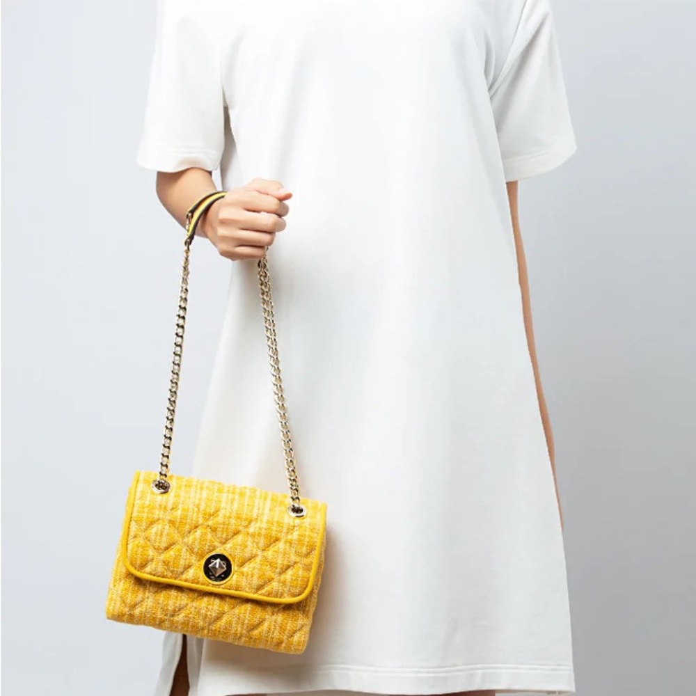 Kate Spade small flap crossbody tweed yellow cut mango  fabric